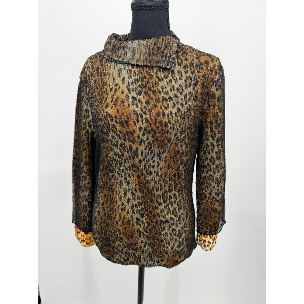 Alberto Makali Blouse Womens Medium Brown Leopard Excellent Sequin Lace Crinkle